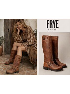 FRYE Brown Leather Tall Engineer Harness Moto Riding Boots Distressed Size 8.5